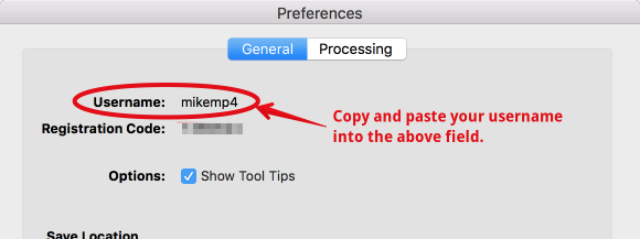 Username in preferences example